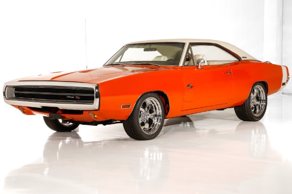 For Sale Used 1970 Dodge Charger RT, Hemi Orange 440 6-Pack 4-Speed Pistol Grip, White Bucket Int. PS PB | American Dream Machines Des Moines IA 50309